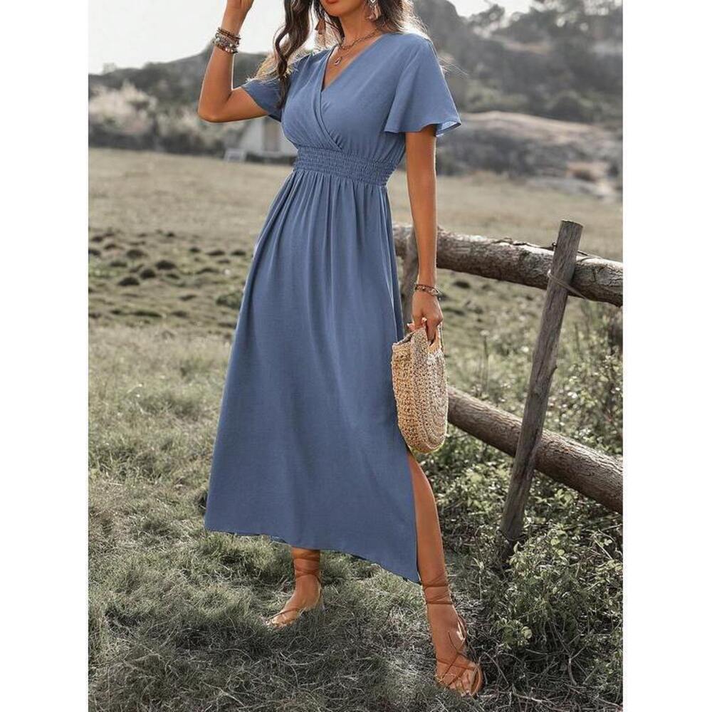 Breezaya Solid Color V-Neck Wrap Waist Split Dress - Picture 3 of 7